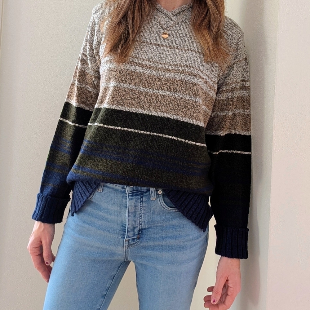 Vintage Striped Marled Textured V-neck Sweater In Ivory/Tan/Navy/Forest Green